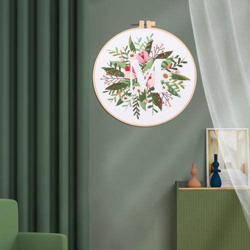IUHUI Embroidery Kit for Beginners Adults - 26 Floral Letters Easy Patterns, DIY Hand Stitching Embroidery Set with Hoop (Flower and Grass Letter M) - color: Flower and Grass Letter M