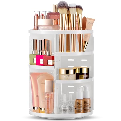 Masirs 360 Rotating Makeup Organizer Countertop, Adjustable Shelf, White - color: White
