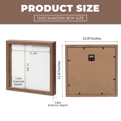 Muzilife 12x12 Shadow Box Picture Frame with Linen Board - Deep Wood & Glass Display Rustic Case Ready to Hang Memorabilia, Pins, Awards, Medals, Wedding, Tickets, and Photos, Carbonized Large - color: Brown, size: 12x12