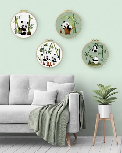 ERKOON 4 Sets Embroidery Kit for Beginners, Animal Cross Stitch Set for Adult Include Embroidery Cloth Hoops Threads for Craft Lover Hand Stitch (Panda) - color: Panda