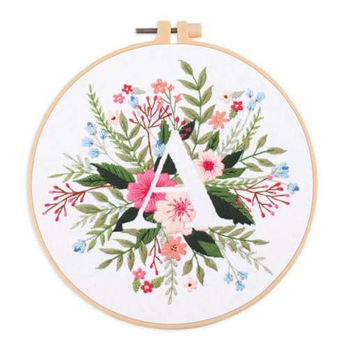 IUHUI Embroidery Kit for Beginners Adults - 26 Floral Letters Easy Patterns, DIY Hand Stitching Embroidery Set with Hoop (Flower and Grass Letter A) - color: Flower and Grass Letter A