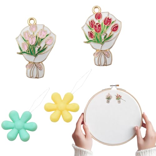 2 Pcs Needle Minders and,Needle Threader, Magnetic Needle Keeper,Cross Stitch Embroidery Hand Sewing Needlework Tools (Tulip Bouquet) - color: Tulip Bouquet