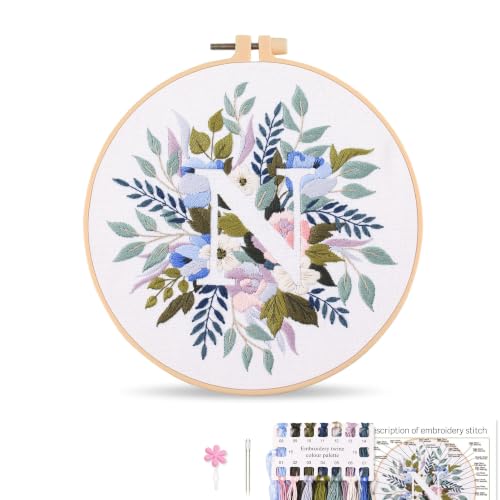 Harimau Letter N Pattern Embroidery Kit for Adult Beginners, Complete Starter Pack with 1 Hoop, Needles, Instruction Guide & Embroidery Stitch Video Tutorials - color: N