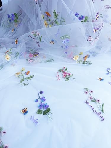 Elegant White Lace Fabric Tulle Fabric by Yard Colorful Floral Embroidery, 35x51in - Soft Tulle for DIY Dresses & Wedding Gowns, Hand Wash Only (White, 3 Yard（105 x51in）) - color: White, size: 3 yard（105 x51in）