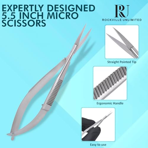 Micro Scissor 5.5" Straight Tip Embroidery Scissor Premium Stainless Steel Applique for Sewing Art & Craft Grooming for Eyebrow Eyelash and Spring Action Extra Sharp Squeeze Scissors.