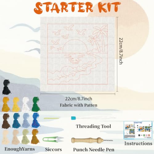 BEUNITONE 2Set Punch Needle Kits with Beach Pre-Print Pattern Easy for Adults Beginners, DIY Craft Embroidery Needlepoint Kits, Punch Needle Set for Craft Lovers Home Decor Festival Gift 9.4x9.4 - color: 02-Ocean Scenery