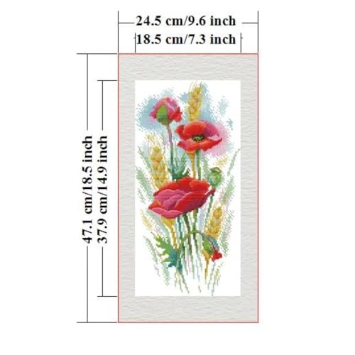 Stamped Cross Stitch Kits for Beginners- Full Set of Poppy Charm Embroidery for Adults,11 CT 3 Strands DIY Patterns Counted Arts Craft 9.5×18.5 inch - color: Poppy Charm