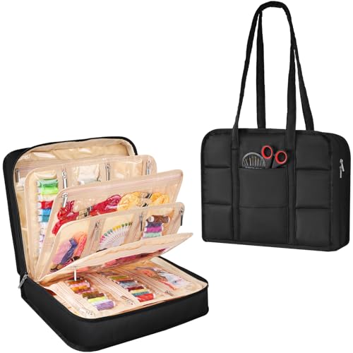 Hautton Sewing Craft Supplies Storage Tote, Large Capacity Organizer Bag with Multi Clear Pockets and Handle for Knitting, Crochet, Art Tools, Threads, Needles, Scissors and Accessories -Black - color: Black