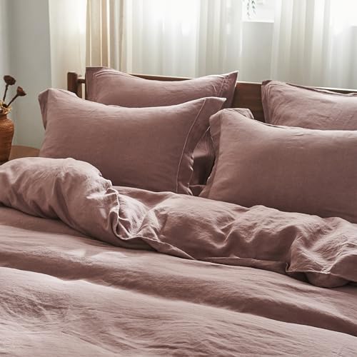 Simple&Opulence 100% French Linen Pillowcases with Embroidery – Pack of 2, Washed Solid Color Natural Flax, Soft & Breathable - Purple, 20'' x 36'' - color: Purple, size: King