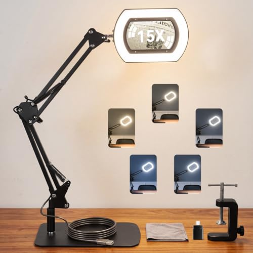 LIWEIGHT 15X Magnifying Glass with [Auto-Timer], Rectangular Real Glass Lens, 5 Color Dimmable Lamp with Stand & Clamp, Professional Hands-Free Magnifier for Reading, Sewing