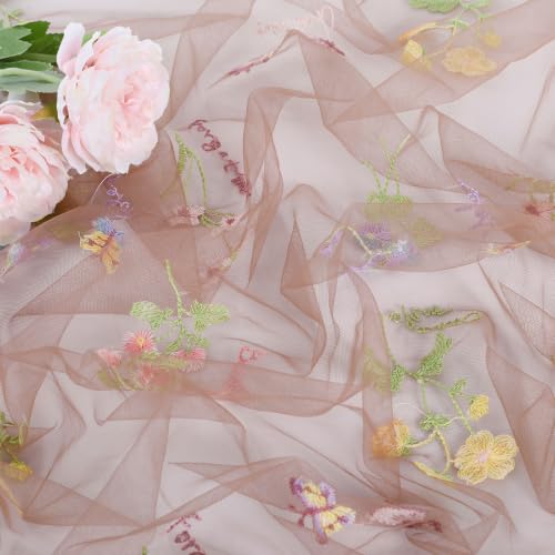 Floral Gauze Table Runner 10ft Embroidery Tulle Spring Wildflower Table - color: Brown, size: 27"x120",1pc