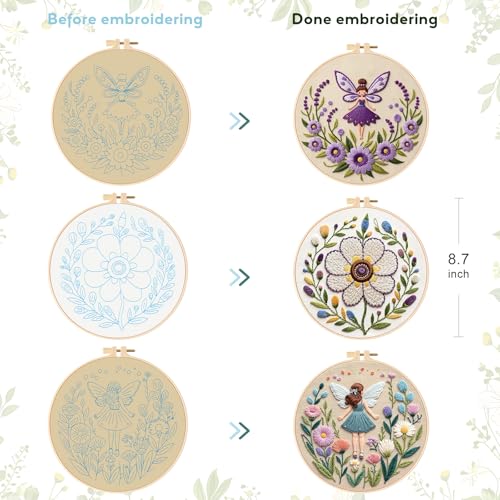 MAKHOT Folwer Embroidery Kits for Beginners with Cross Stitch Kits, Embroidery Hoop, Tools,Colorful Threads,Step by Step Instructions,Adults Starter Cross Stitch Kit DIY Needlepoint(3PCS Purple) - color: 3PCS Purple