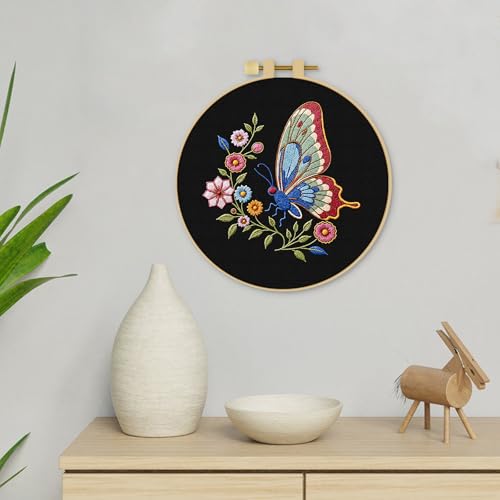 ERKOON Embroidery Kit for Beginners Adult, Cross Stitch Set Include Embroidery Cloth Hoop Threads for Craft Lover Hand Stitch with Embroidery Skill Techniques (Butterfly) - color: Butterfly