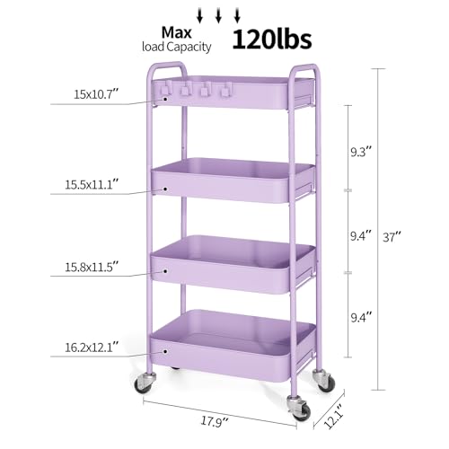 TOOLF 4 Tier Metal Rolling Cart, Utility Storage Cart with Wheels, Purple - color: Purple, size: 4-Tier