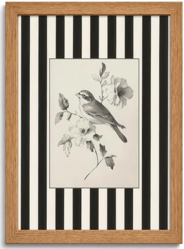 Framed Black and White Striped Flower Bird Sketch Wall Art Bathroom Decor - color: Bird Flower, size: 16"L x 12"W
