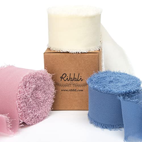 Ribbli Chiffon Silk Ribbon, 1.5 in x 30 Yards, Ivory/Dusty Rose/Dusty Blue Fringe for Wedding Invitations, Bridal Bouquets, Flower Arrangements - color: Ivory/Dusty Rose/Dusty Blue