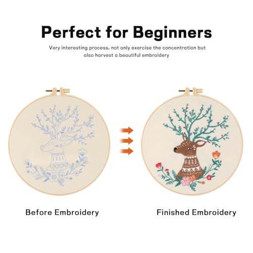 Beginner Deer Embroidery Kit for Adults, Pre-Printed with Video Tutorial - color: Deer