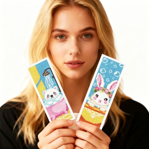 ORIGACH 6 Set Bathtime Animals Cross Stitch Bookmark Kit for Beginner - style: Bathtime Pet