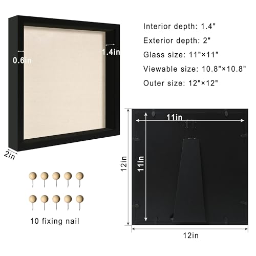 11x11 Shadow Box Display Case with Tempered Glass, Black Wooden Large Memory Shadow Box Frame with Soft Linen Back for Wall or Tabletop Display - color: Black, size: 11x11