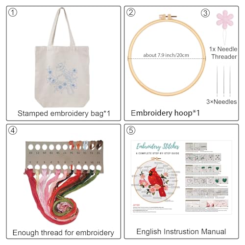 Louise Maelys Cardinal Embroidery Kit for Beginners Canvas Tote Bag - color: Cardinal