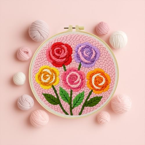 ZuoAnLF Punch Needle Kit for Beginner, Rug Yarn Hooking Beginner Kit with Instruction, Punch Needle Fabric with Pattern, Yarns, Embroidery Hoops for Punch Needle 20CM/9.8INCH (Flower) - color: flower