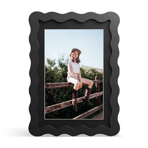 5x7 Picture Frame with Mat for 4x6, Wavy Edge Wooden Real Glass Photo Frame for Tabletop and Wall Hanging, Black, 1 Pack - color: Black, size: 5x7 in