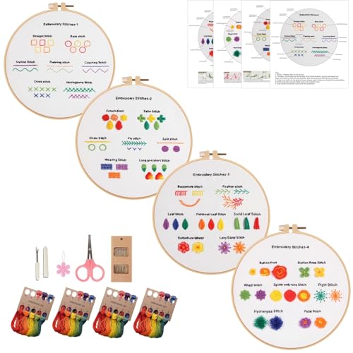 Mozzyyee 4 Sets Embroidery Starter Kit for Beginners Adults Include 4 Embroidery Clothes with Instructions Hoops Floss Thread Fabric Needles (Floral) - color: Floral