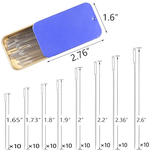 40/80PCS Large Eye Sewing Needles - 8 Sizes Hand Sewing Sharp, Embroidery, Leather, Stainless Steel Yarn With Threaders & Stitch Markers (Blue 80pcs) - color: Blue 80pcs