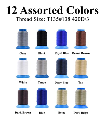 Mandala Crafts Size 138 420D T135 12 Neutral Bonded Nylon Thread, 1440 YDs - color: 12 Neutral Colors, size: T135 #138 420D/3 1440 Yards
