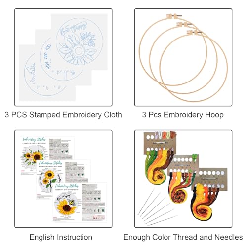 Louise Maelys 3 Set Summer Sunflower Embroidery Kit for Beginners Floral - color: kit-13