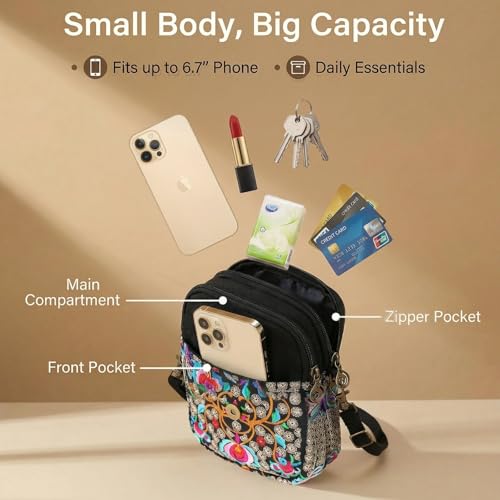 Embroidery Flowers Canvas Crossbody Bag, Women Messenger Bag, Cellphone Pouch Purse - color: Red