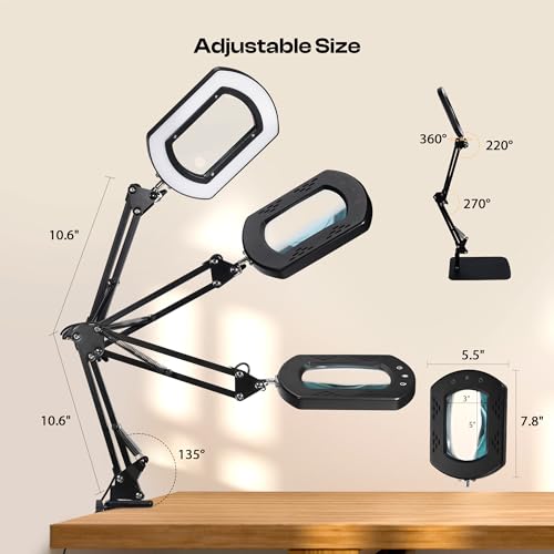 Caydo 10X Magnifying Glass with Light and Stand for Embroidery, Reading, Sewing and Painting Close Work, 5 Color Hands-Free Magnifying Desk Lamp