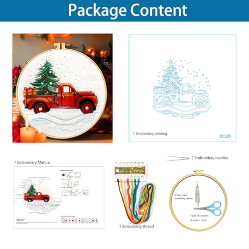Zhenqing Christmas Red Truck Embroidery Kit for Beginners, Tree and Gifts Needlework Kit with Pre-Printed Fabric, Hoop, Threads & Tools (C0029) - style: Vintage Red Truck