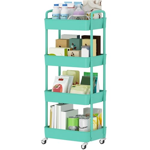 Sywhitta 4-Tier Plastic Rolling Utility Cart with Wheels for Storage,Green - color: Green, size: 4-tier