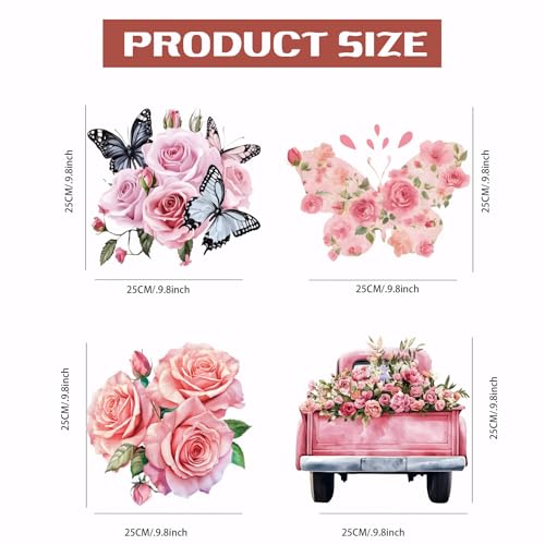SUPERDANT 4PCS Pink Roses Iron on Transfer Paper Butterfly Flowers Heat Transfer Sticker Valentine's Day Iron on Decals for T Shirts DTF Transfers Ready to Press for Clothing Hoodie Jackets DIY Gift - style: Pink Roses