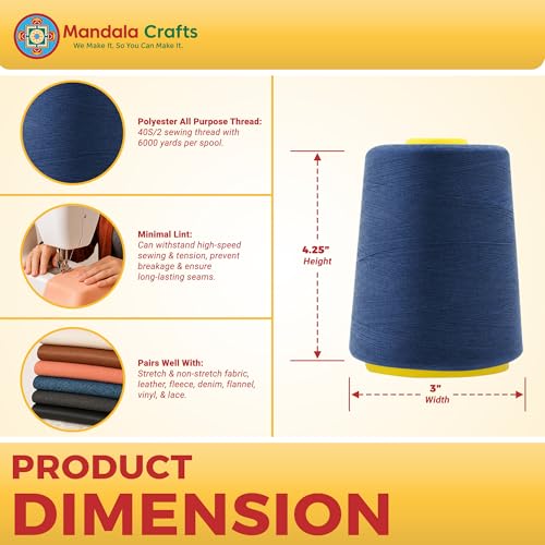 Mandala Crafts 40S/2 Denim Polyester 4 Pack of Serger Threads Cones - color: Denim, size: Pack of 4 40S/2 24000 YDs