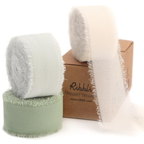 Ribbli Green Ribbon 1 Inch x 3 Rolls Total 24 Yards Ivory/Sage/Forest Green Handmade Fringe Chiffon Silk Ribbon for Wrapping Wedding Invitations Bridal Bouquets DIY Crafts Home Decor - color: Cream/Creamy Sage/Sage