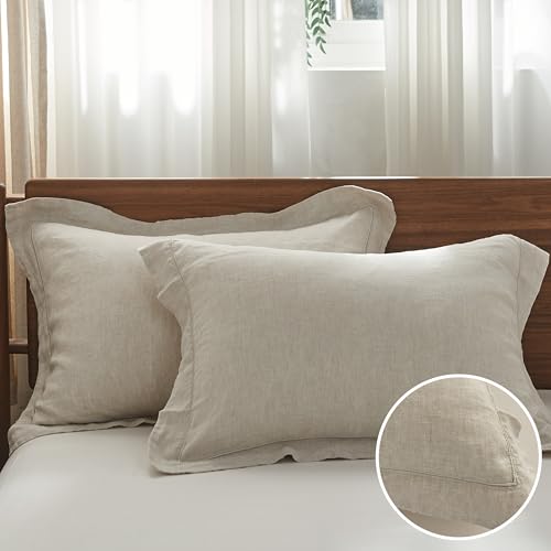 Simple&Opulence 100% French Linen Pillowcases with Embroidery – Pack of 2, Washed Solid Color Natural Flax, Soft & Breathable - Linen, 20'' x 26'' - color: Linen, size: Queen