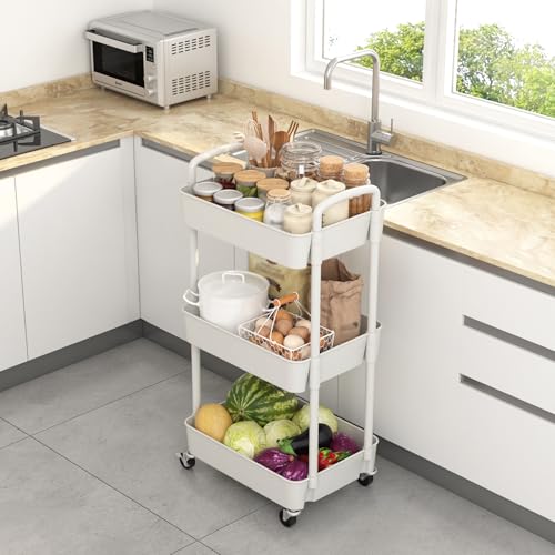 Sywhitta 3-Tier Plastic Rolling Utility Cart with Wheels for Storage,White - color: White, size: 3-tier