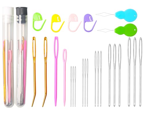 Hekisn 45Pcs Large Eye Blunt Yarn Needles Kit, Assorted Sizes Bent Tapestry Darning Needle, Sewing With Threaders & Stitch Markers for Knitting Crochet (White&Black) - color: White&Black