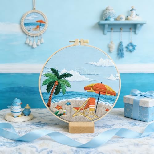 ElasignShopo Ocean Embroidery Kit for Beginners Adults, Easy Cross Stitch Kit Spring Summer Beach Ocean Pattern Embroidery Starter Kits with Wooden Hoop Needles Threads Display Stand and Instruction - color: Ocean Beach