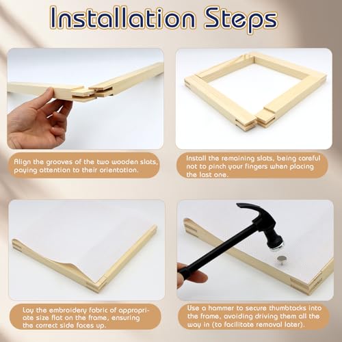 Soleeya 12 PCS Needlepoint Stretcher Bars, 8/12/16in Canvas Stretcher Bars for Needlework with 100 Tacks, Embroidery Wooden Accessories for Needlework with 6 Canvas/Hammer/Nail Puller for Crafts