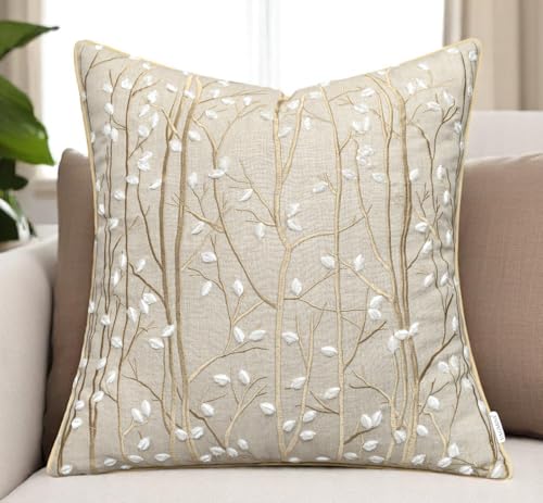 VAGMINE Embroidered Magnolia Branch 20x20 Throw Pillow Cover, Natural - color: Natural-forest, size: 20" x 20" (Pack of 1)