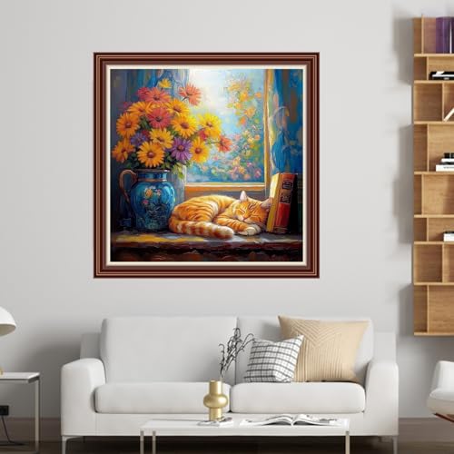 Dimensean Counted Cross Stitch Kit for Beginners, 11CT Unprinted Cross-Stitch Kit Easy Patterns Needlepoint Kit Cross Stitching Embroidery Kit Supplies-The cat on the windowsill 18x18 inch - color: DIYColor02