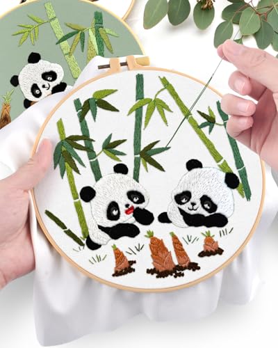 ERKOON 4 Sets Embroidery Kit for Beginners, Animal Cross Stitch Set for Adult Include Embroidery Cloth Hoops Threads for Craft Lover Hand Stitch (Panda) - color: Panda