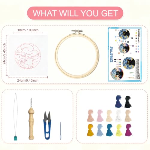 BEUNITONE 2 Pcs Cat & Starry Sky Punch Needle Kits for Adults Beginner - color: 02-Cat and Sky