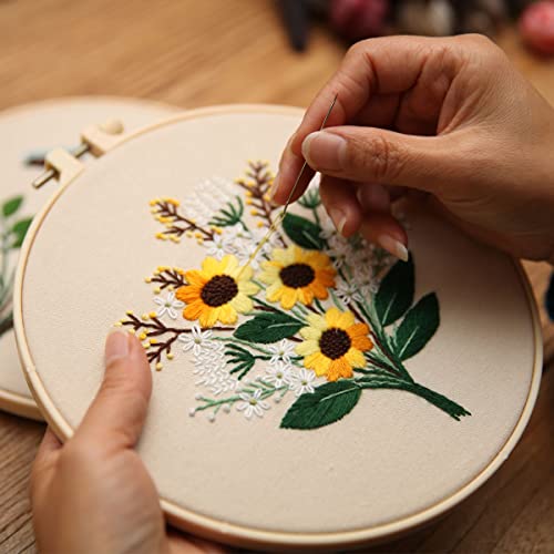 Embroidery Kit for Beginners,Cross Stitch Kits for Adults DIY Craft 3pcs Embroidery Pattern Needlework Fabric Embroidery Thread and Needles 1pcs Embroidery Hoop Adult Stitch Stuff Sewing Kit Gift - color: Flower