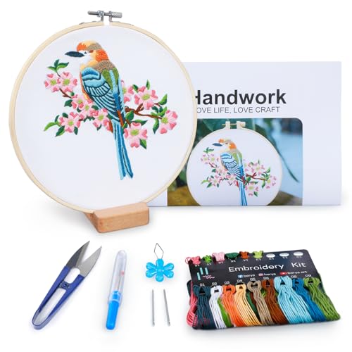 Hummingbird and Flower Embroidery Kit for Adults, DIY Embroidery Kits with Original Design Patterns, Learn to Embroider Kit Beginner with Needles and Thread, Clear Instructions and Video (BEB001) - color: bird blue and white