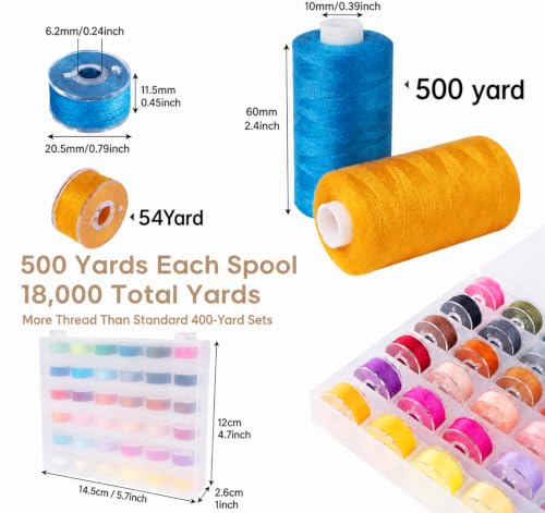 ilauke 72pcs Sewing Thread Bobbins Kit, 36 Color 500 Yard Thread for Sewing - color: 36colors,500yd