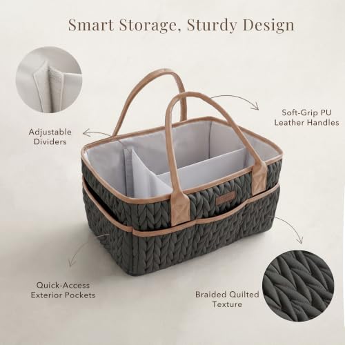 Konssy Baby Diaper Caddy Organizer, Braided Quilted Design with PU Handles - color: Cocoa Black